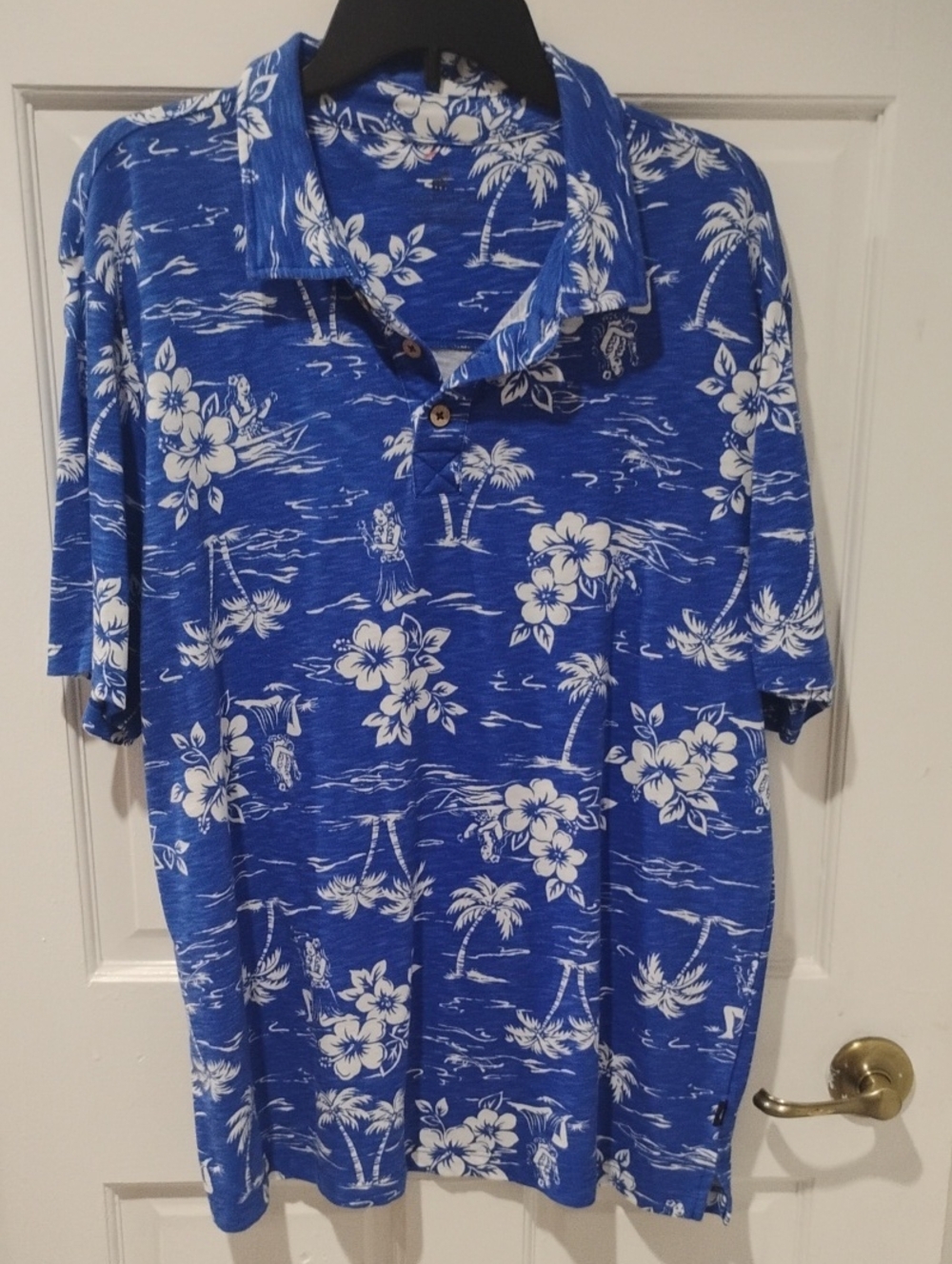 Caribbean Joe Blue and White Hawaiian Polo Shirt